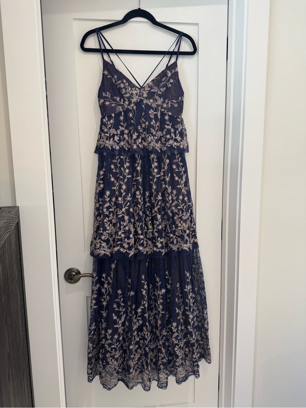 “BCBG” Embroidered Tiered Lace Gown